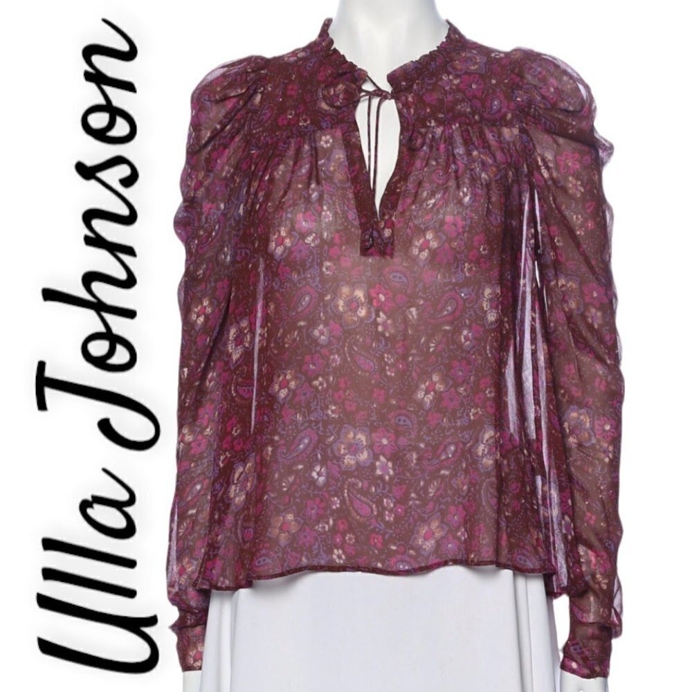 ULLA JOHNSON Renly Silk Paisley Blouse Plum Purple Boho Luxe Romantic,‎ Size 0